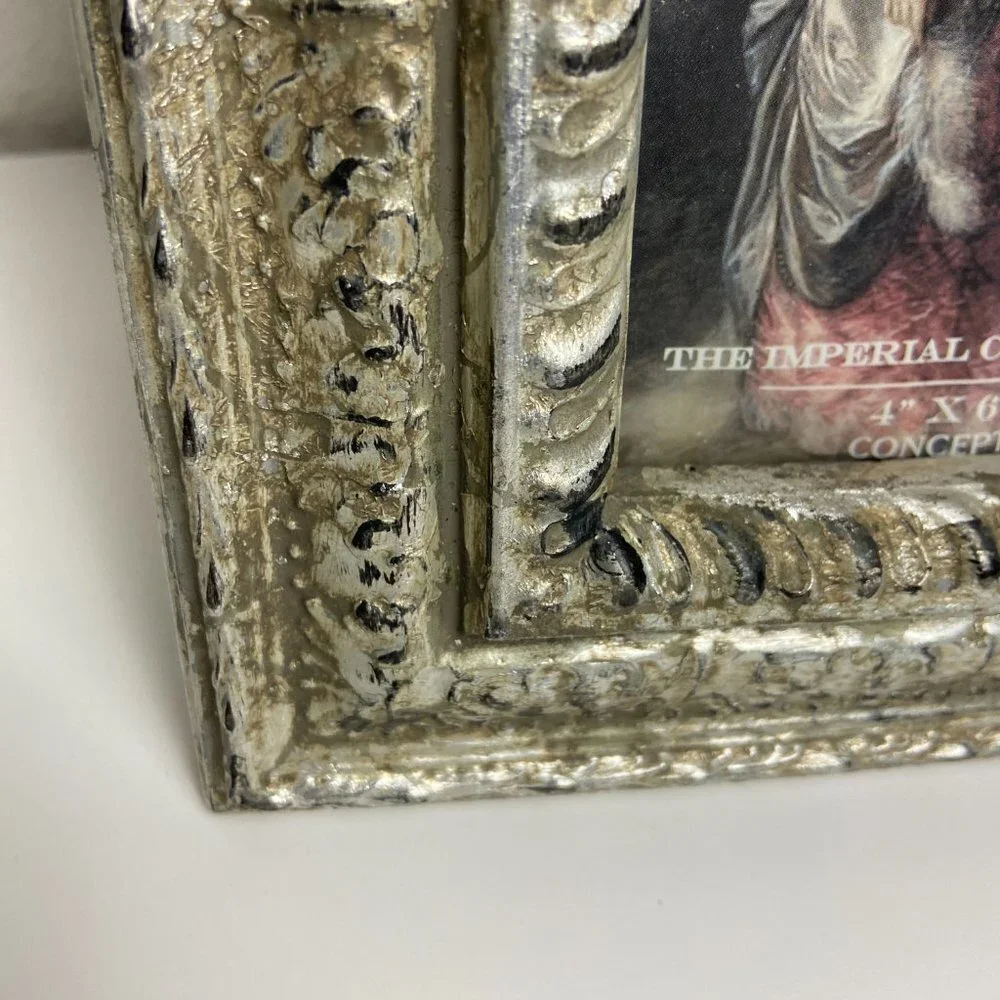 Vintage Heavy Picture Frame Silver Patina Glass